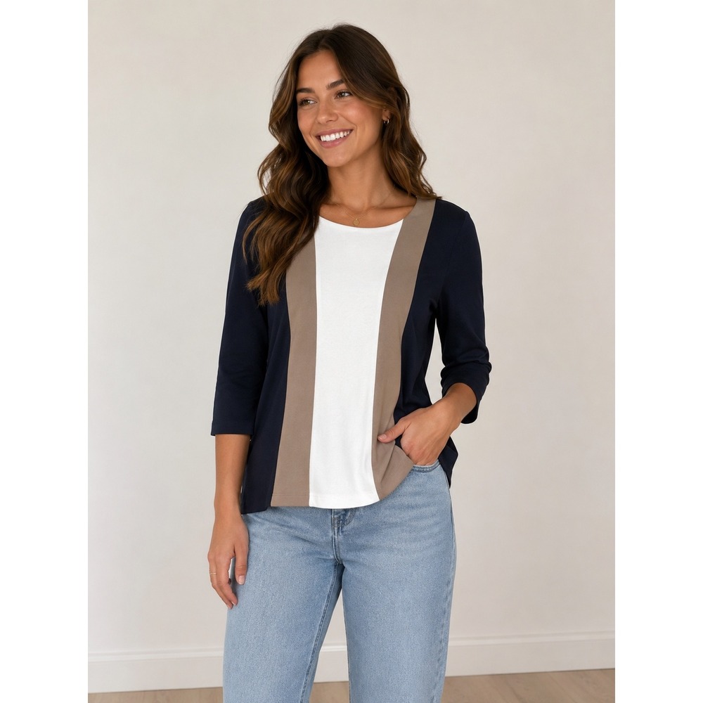 Boston Proper Colorblock Tunic Top Black Tan White 3/4 Sleeve Size S F114
